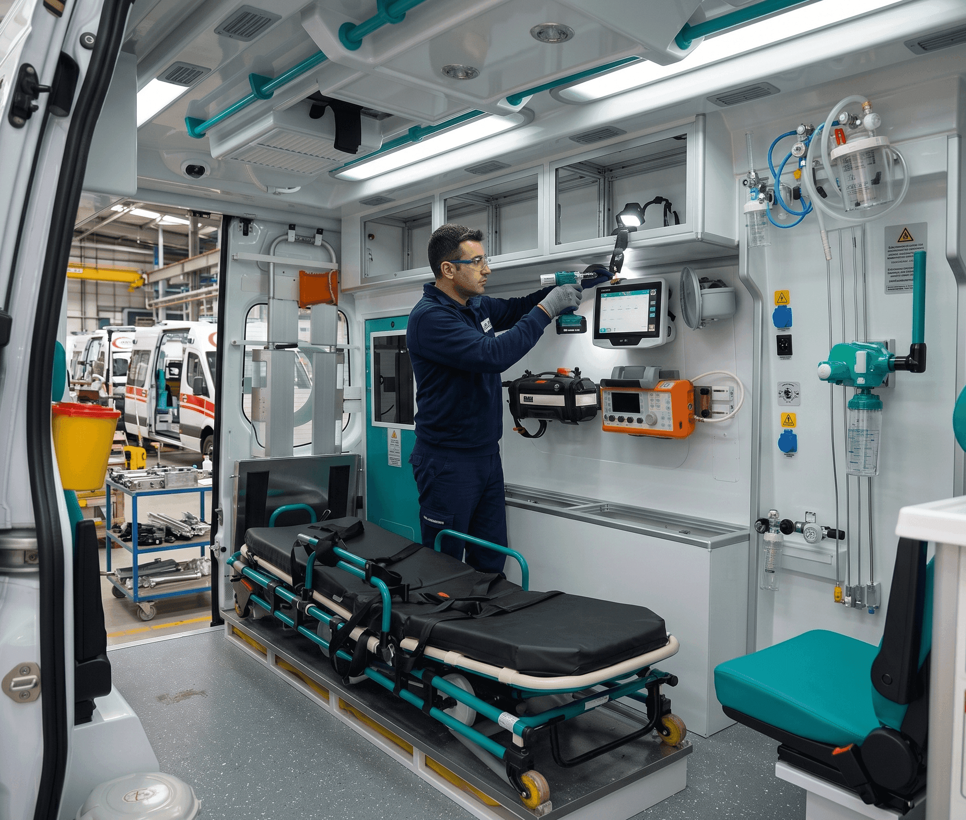 Ramsbulance technician installing medical equipment — quality-assured production